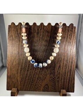 Handcrafted Blue & White Ceramic Bead Necklace With Gold Clasp & Adjustable Chai